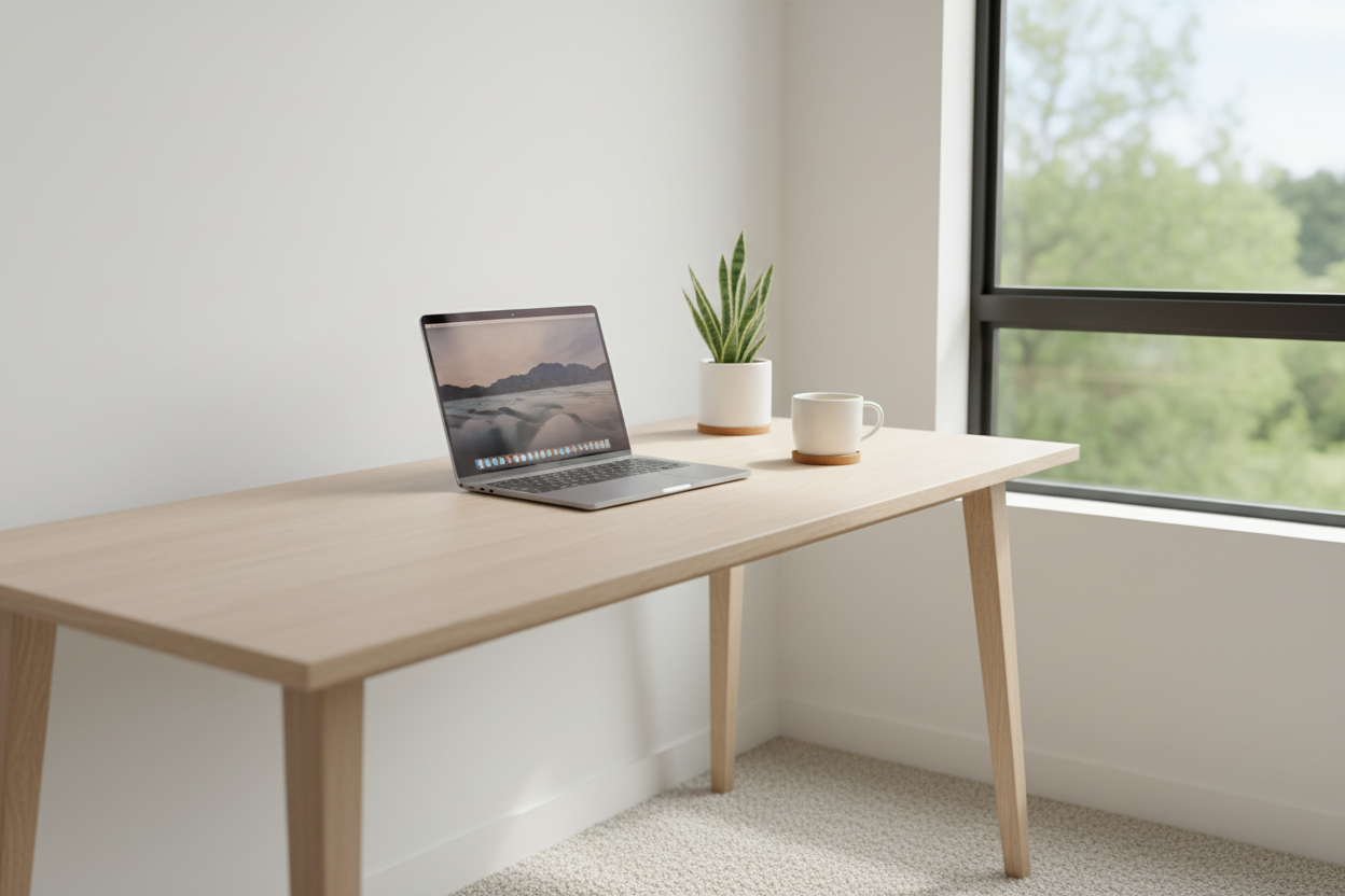 A clean and minimal workspace scene.
A modern wooden desk near a window with natural sunlight.
A laptop on the desk, a coffee cup, a small green plant in a white pot.
Bright, soft lighting, minimalist style.
Neutral colors, modern home office.
High quality, realistic, professional look.
